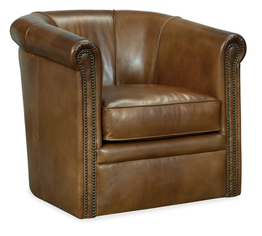 Hooker Furniture Axton Aniline Top-Grain Leather Swivel Club Chair With Vertical Channeling And Antique Brass Trim Medium Brown CC388-SW-083