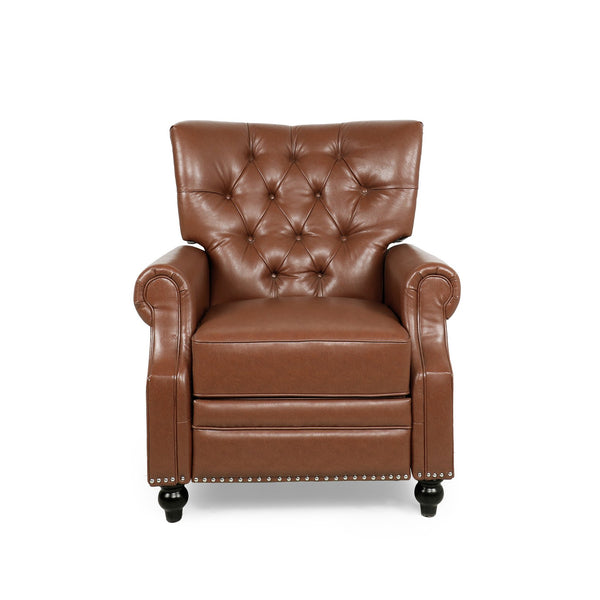 English Elm Christopher Knight Home® - Button Button Tufted Heavy Duty Manual Push-Back Recliner Chair with Nailhead Accents and Comfort Backrest Light Brown 71976.00PUCOGN