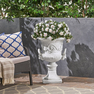 English Elm Mgo Roman Urn Planter Faux Stone Botanical Relief Pedestal Base Outdoor Patio 63402.00WHI