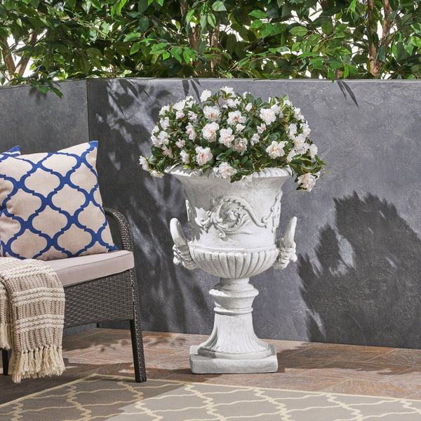 English Elm Mgo Roman Urn Planter Faux Stone Botanical Relief Pedestal Base Outdoor Patio 63402.00WHI