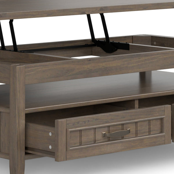 English Elm Lev Lift Top Coffee Table in Smoky Brown Solid Wood with Storage, Drawers & Brushed Bronze Handles B136P158826