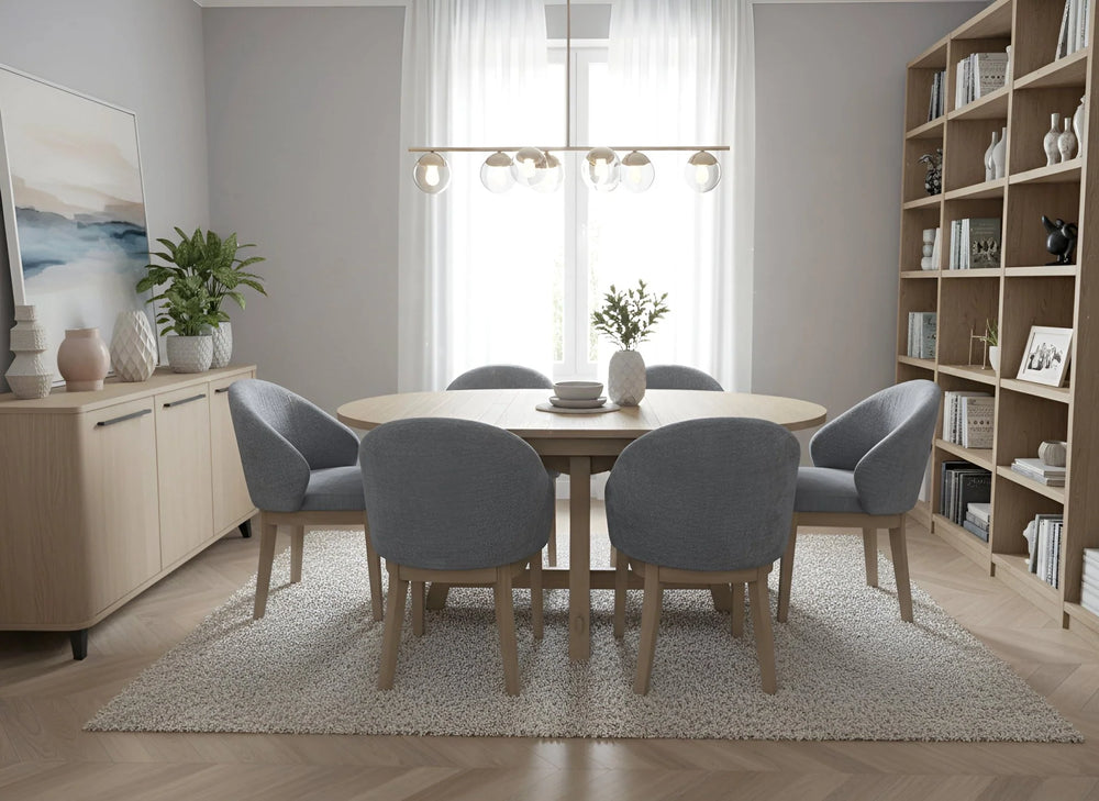 Alpine Furniture Ivy Round to Oval Rubberwood Dining Table with Leaf Seats Six Scandinavian Style 4462-01