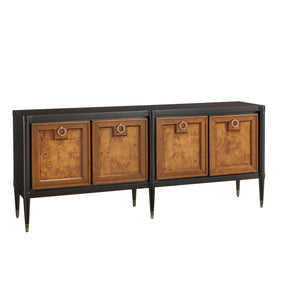 Pulaski Furniture 4-door Mid-century Modern Console With Elegant Mapa Burl Doors, Versatile Storage & Stylish Design Black Mapa Burl P301794-pulaski