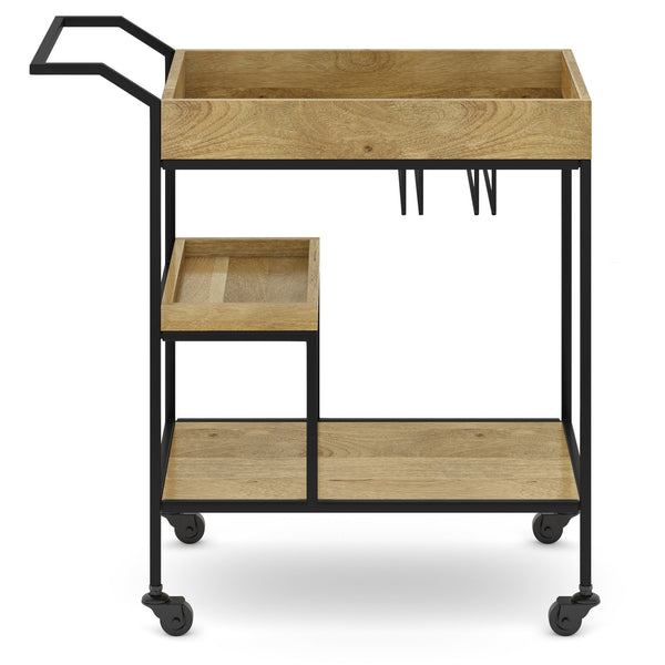 English Elm Barnes Mango Wood 29" Bar Cart with Metal Frame, Locking Casters, Glass Racks & Tray Shelves B136P158471