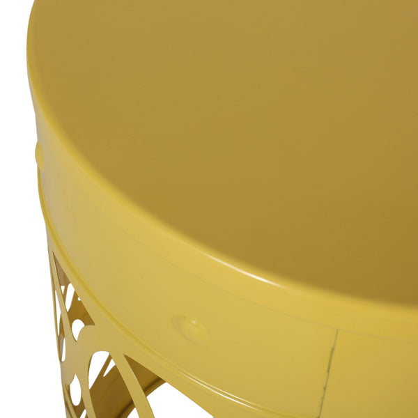 English Elm Outdoor Powder-coated Iron End Table with Geometric Cutout Design for Patio Lounging Yellow 73607.00YLW