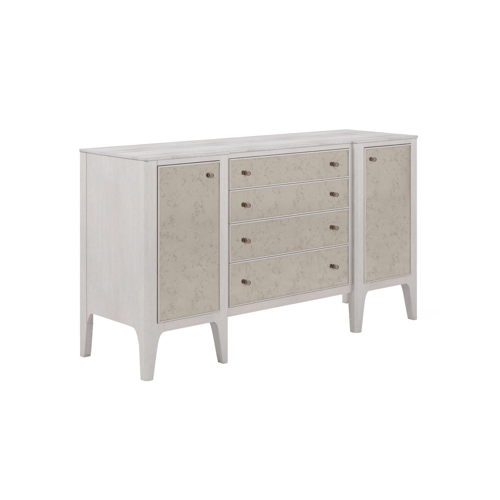 A.R.T. Furniture Mezzanine Buffet - Elegant Dove Gray With Antiqued Mirror Fronts, Travertine Top & Ample Storage Space Light Gray Parawood And Poplar Solids,Maple Veneer,Mirror,Travertine 325252-2249