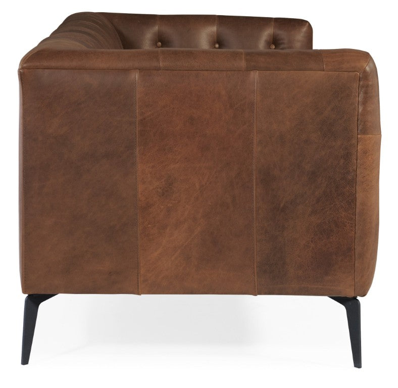 Hooker Furniture Nicolla Stationary Sofa With Saddlebag Lodge Aniline Leather, Button Tufting & Slim Black Legs Medium Brown SS637-03-089