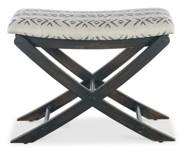Hooker Furniture Retreat Jafar Grey Upholstered Camp Stool Bench With Black Sand X‑Base, Patterned Fabric & Glides 6950-90119-99