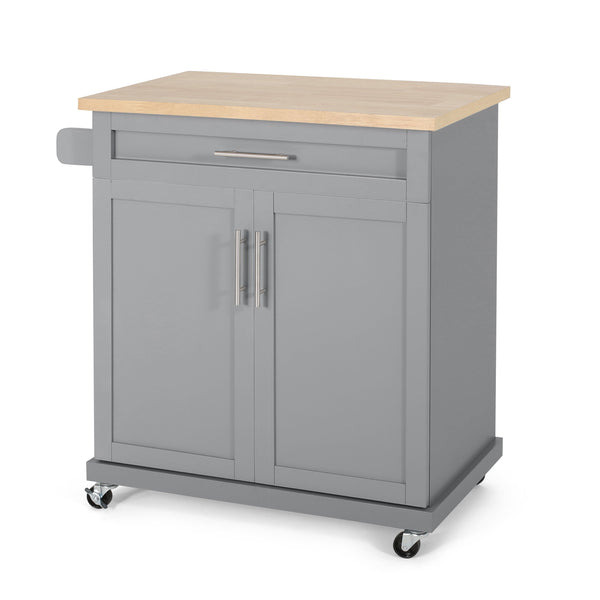 English Elm Christopher Knight Home® - Kitchen Island Cart Grey with Solid Rubberwood Top, Mobile Storage Cabinet, Drawer, Towel Rack, Wheels 67795.00NATGRY