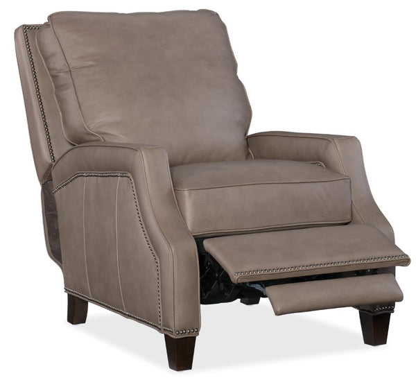 Hooker Furniture Caleigh Taupe Leather Recliner With Nailhead Trim, Modified Wingback, Solid Wood Legs, Manual Recline RC143-094