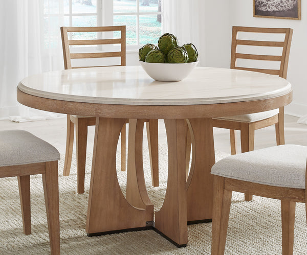 Escape - Dining 54" Round Table with console & 4 caster chairs Glazed Natural Oak Black Metal Trim DESC-6PC-54RND-72OC-2618 Parker House