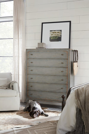 Hooker Furniture Ciao Six-Drawer Chest In Time Worn Gray — Farmhouse Heirloom Style, Felt & Cedar Liners, Brass Accents 5805-90010-95