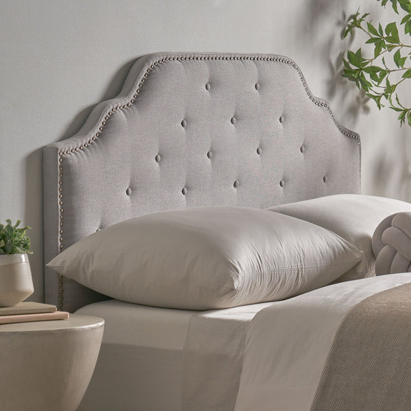 English Elm Tufted Queen Headboard with Nailhead Trim Solid Wood Frame and Adjustable Metal Legs Light Grey 57877.00LGRY