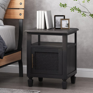English Elm Christopher Knight Home® - NIGHTSTAND Rustic Dark Grey Acacia Wood with Cane Webbing, Cabinet + Open Shelf Storage, 15.75"W x 24"H 71931.00DGRY