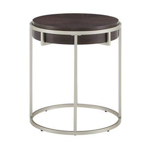 Homelegance By Top-Line Piper Round End Table with Champagne Silver Metal Base Walnut Engineered Wood