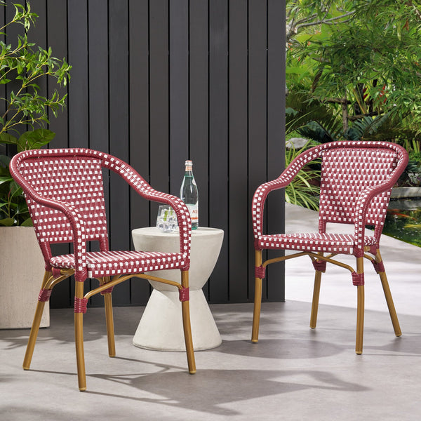 English Elm Bistro Chair Set of 2 French Country Woven Aluminum Outdoor Patio Seating Pair Red 72906.00RED