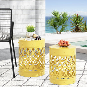 English Elm Outdoor Powder-coated Iron Nesting Accent Tables Set of 2 Laser-cut Circle Design Yellow 73606.00YLW