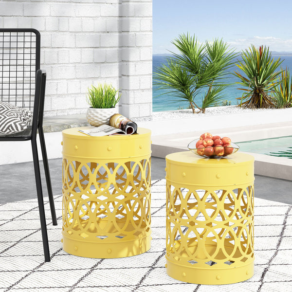 English Elm Outdoor Powder-coated Iron Nesting Accent Tables Set of 2 Laser-cut Circle Design Yellow 73606.00YLW