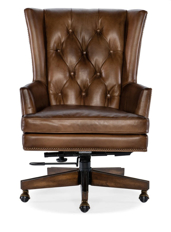 Hooker Furniture Finley Executive Chair: Diamond-Tufted Top-Grain Aniline Leather, Brass Nailhead Trim, Swivel Casters EC109-083