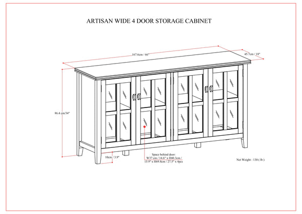 English Elm Artisan Wide 4-Door Storage Cabinet - Handcrafted Black Wood With Glass Doors For Versatile Style B136P158420