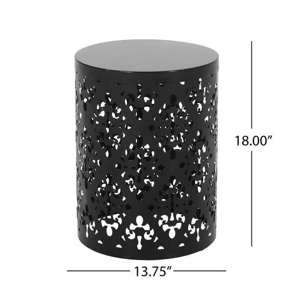 English Elm Outdoor Iron Accent Table Laser Cut Floral Cylinder Design for Patio or Balcony Black 73605.00BLK