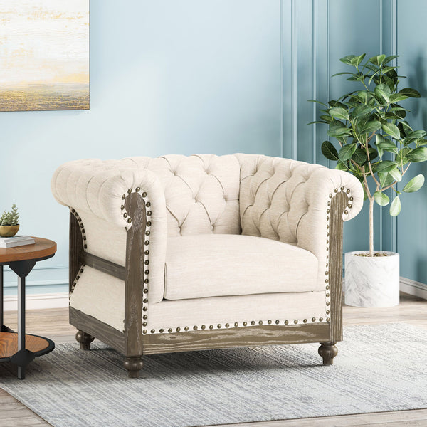 English Elm Christopher Knight Home® - CLUB Chair with Chesterfield-Inspired Button Tufting, Scrolled Arms & Nailhead Trim for Living Room Beige 40.5 L x 34.5 W x 25.75 H 72759.00BGE