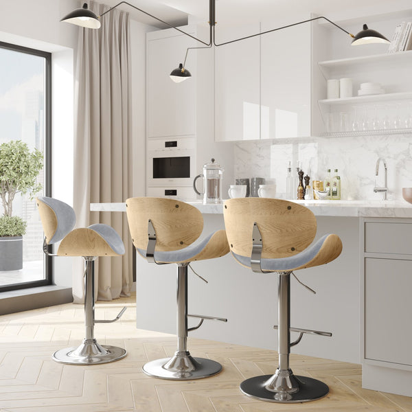 English Elm Marana Adjustable Swivel Bar Stool - Mid-Century Modern Design In Stone Grey & Light Brown Finish B136P158934