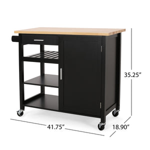English Elm Christopher Knight Home® - Kitchen Island Cart with Solid Rubberwood Top, 41.75" Mobile Island with Drawer, Cabinet, Shelves & Wheels Black 67756.00NATBLK