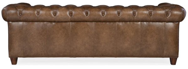 Hooker Furniture Chester Tufted Leather Sofa With Nailhead Trim And Rolled Arms, Walnut Finish, Classic Chesterfield Appeal Dark Brown SS195-03-083