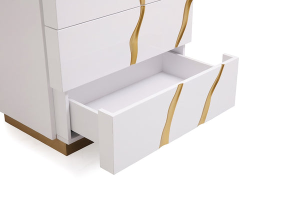 VIG Furniture Aspen High-Gloss White & Gold Chest With 5 Soft-Closing Drawers, Concealed Pulls, No Assembly Needed VGVCJ1801-5H-WHT