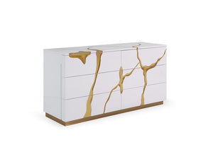 VIG Furniture Aspen High-Gloss White Dresser With Gold Trim, 6 Soft-Close Drawers, Minimalist Modern Style VGVCJ1801-D-WHT