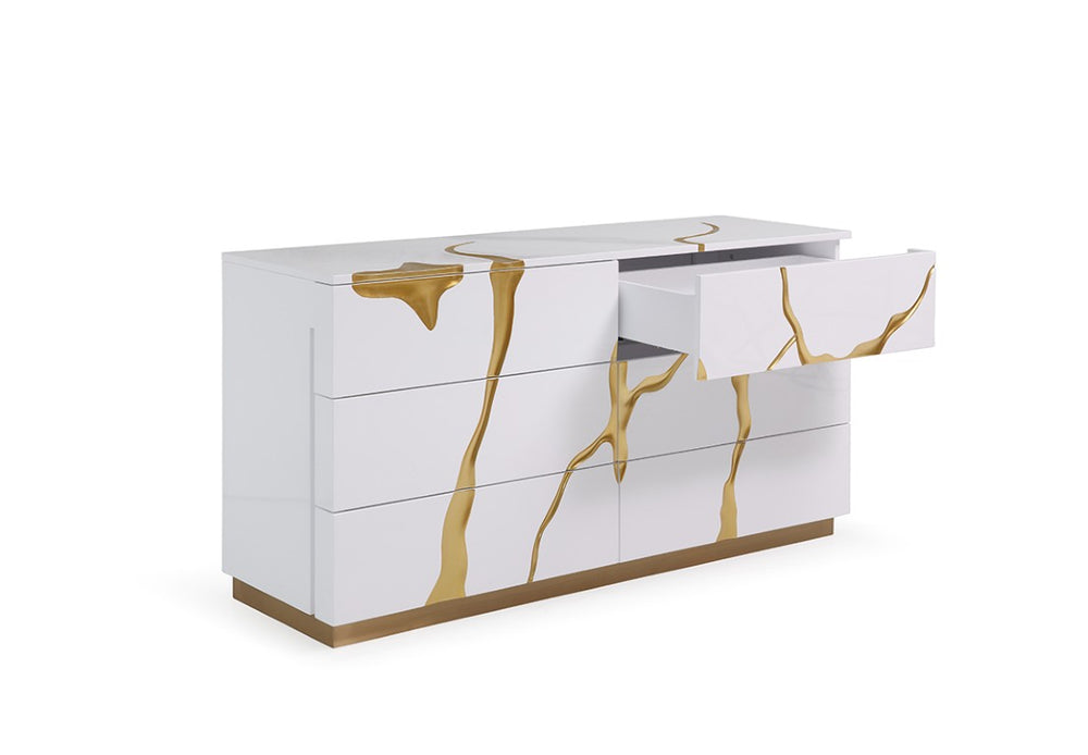 VIG Furniture Aspen High-Gloss White Dresser With Gold Trim, 6 Soft-Close Drawers, Minimalist Modern Style VGVCJ1801-D-WHT
