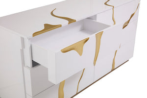 VIG Furniture Aspen High-Gloss White Lacquer Dresser With Gold Accents, Six Soft-Close Drawers, Fully Assembled VGVC-J1801-D-L-B-W