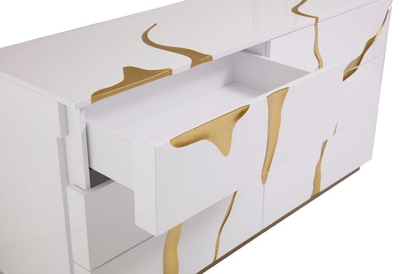 VIG Furniture Aspen High-Gloss White Lacquer Dresser With Gold Accents, Six Soft-Close Drawers, Fully Assembled VGVC-J1801-D-L-B-W
