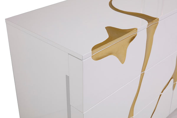 VIG Furniture Aspen High-Gloss White Lacquer Dresser With Gold Accents, Six Soft-Close Drawers, Fully Assembled VGVC-J1801-D-L-B-W
