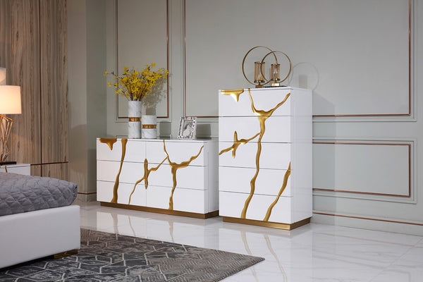 VIG Furniture Aspen High-Gloss White & Gold Chest With 5 Soft-Closing Drawers, Concealed Pulls, No Assembly Needed VGVCJ1801-5H-WHT