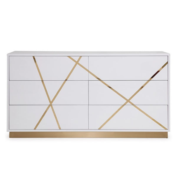 VIG Furniture Nixa Modern Wide White Dresser With Gold X Accents & Base, 6 Soft-Close Drawers, Fully Assembled VGVCJ1909-D-WHT-1-W
