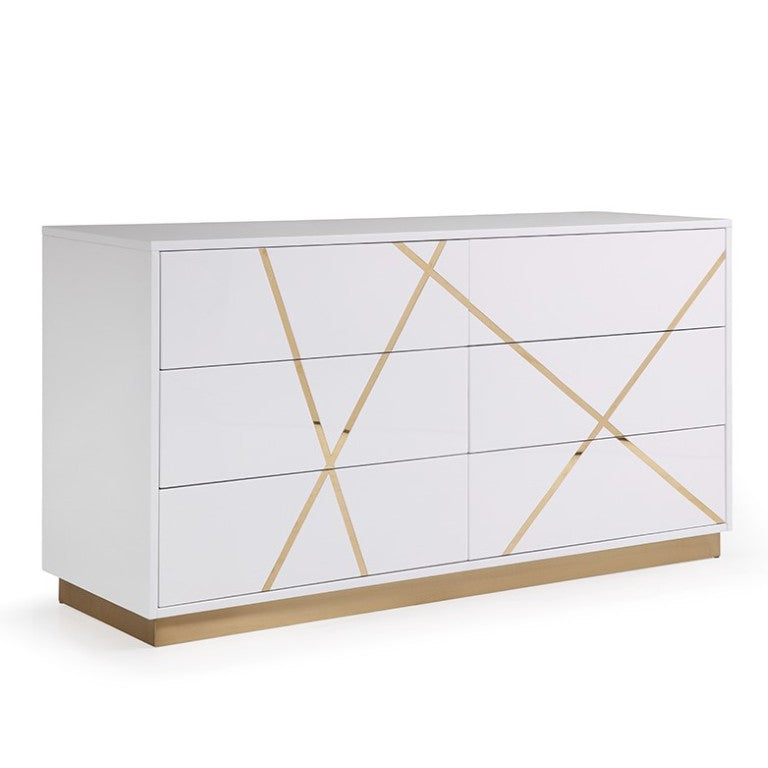 VIG Furniture Nixa Modern Wide White Dresser With Gold X Accents & Base, 6 Soft-Close Drawers, Fully Assembled VGVCJ1909-D-WHT-1-W