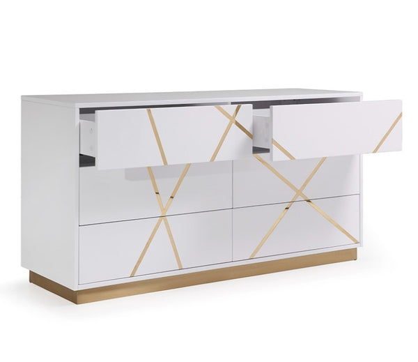 VIG Furniture Nixa Modern Wide White Dresser With Gold X Accents & Base, 6 Soft-Close Drawers, Fully Assembled VGVCJ1909-D-WHT-1-W