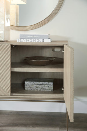 Hooker Furniture Cascade Credenza With Taupe Oak Veneer, Reeded Doors, Champagne Metal Base & Soft-Close Storage 6120-85006-80