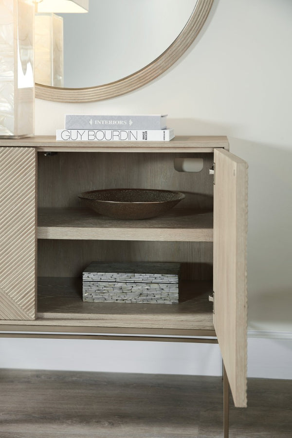 Hooker Furniture Cascade Credenza With Taupe Oak Veneer, Reeded Doors, Champagne Metal Base & Soft-Close Storage 6120-85006-80