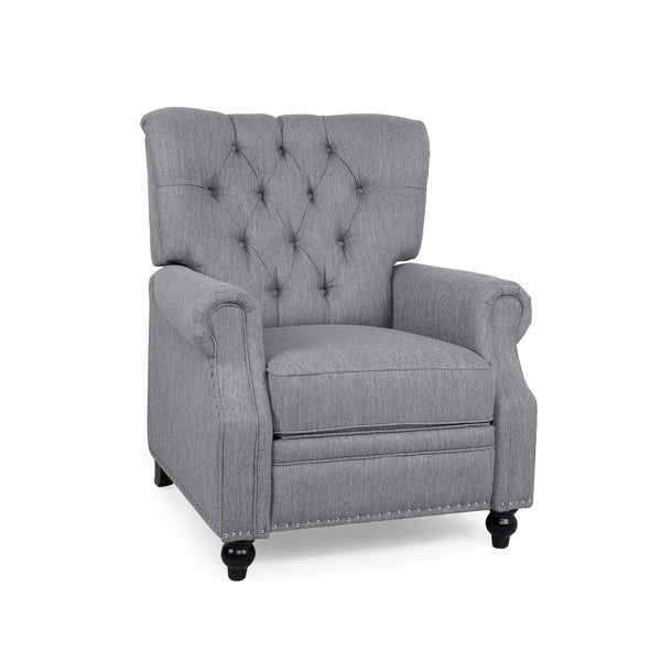 English Elm Christopher Knight Home® - Button Button Tufted Heavy Duty Manual Push-Back Recliner Chair with Nailhead Accents and Comfort Backrest Grey 71976.00GRY