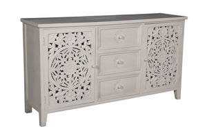Porter Designs Porter Bali Solid Wood Sideboard – Hand-carved Artisan Design With Elegant Floral Motif & Storage White Wood 07-196-06-bcc03/Wht