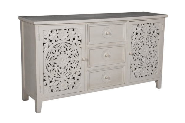 Porter Designs Porter Bali Solid Wood Sideboard – Hand-carved Artisan Design With Elegant Floral Motif & Storage White Wood 07-196-06-bcc03/Wht