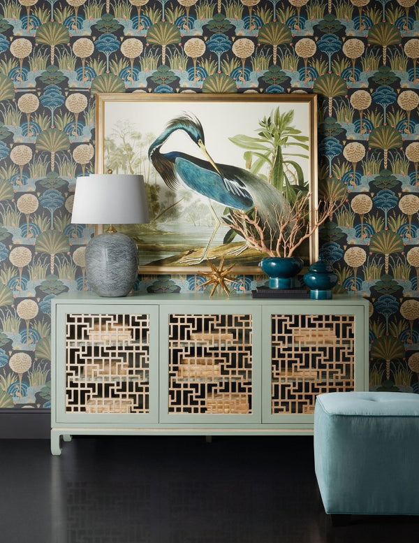 Hooker Furniture Commerce Trellis Entertainment Credenza In Light Green With Silver Leaf Fretwork, Soft-Close Doors, 70" Tv Ready 7228-55036-35