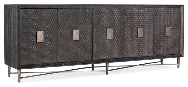 Hooker Furniture Melange Woven-Effect Five Door Credenza With Silver Metal Base, Ventilated Media Storage, 90" 628-85106-96