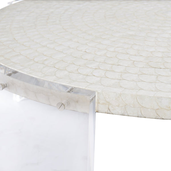 Bernhardt Bernhardt Pearle Capiz Cocktail Table — 50.25" Round Acrylic Legs, Polylite Top, Iridescent Glam Modernity 305016