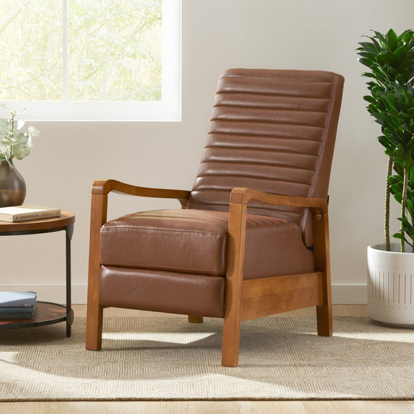 English Elm Christopher Knight Home® - Faux Leather Wood Hand Manual Club Recliner Light Brown PU Push-Back Channel Stitching Rubberwood Frame 71261.00PUCOGN