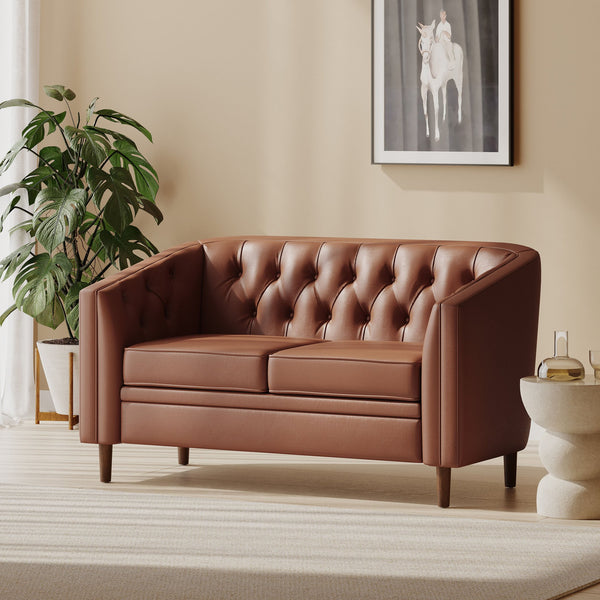 English Elm Christopher Knight Home® - LOVESEAT Diamond-Tufted PU Upholstery with Button Stitching, Tapered Birch Legs, Contemporary Chic Light Brown 72248.00
