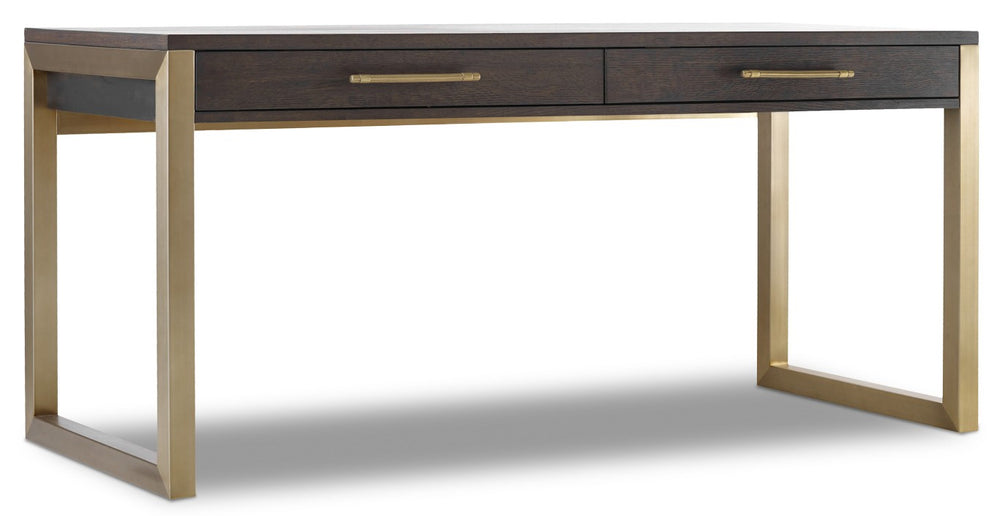 Hooker Furniture Curata Rustic White Oak Desk In Midnight With Brushed Brass Base — Freestanding Or Left/Right Return, Two Drop-Front Drawers 1600-10468-DKW